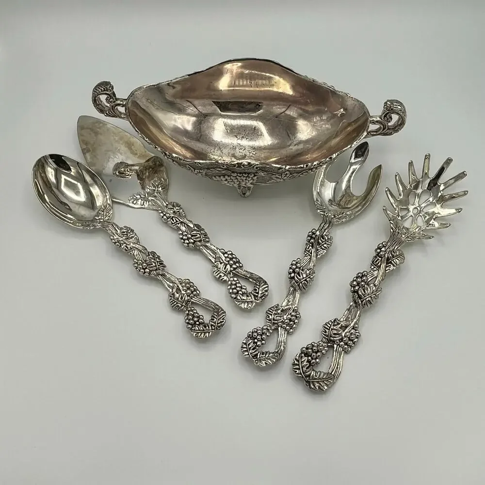 Vtg Godinger Silver Plated Footed Bowl & Set of 4 Serving Utensils Grape Pattern